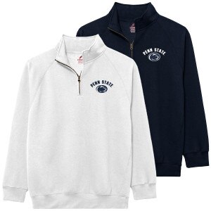 white and navy 1/4 zips embroidered Penn State arched above Athletic Logos